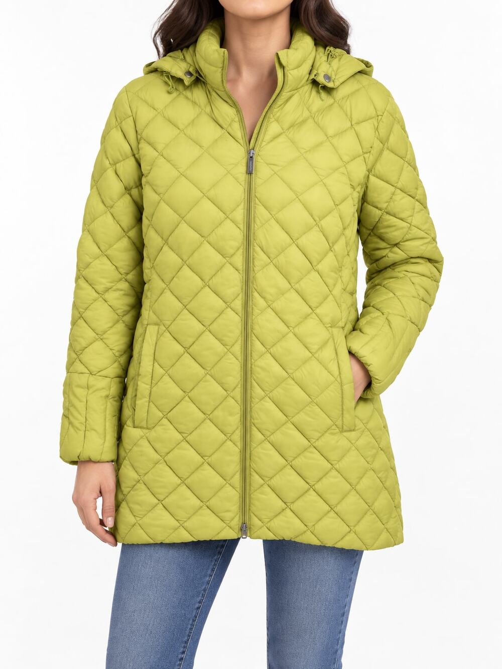 Lands' End Women's Lime Green Hooded Diamond Quilted Down Puffer Coat Med 10-12